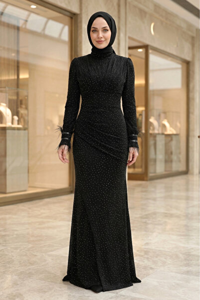 FERHEL Women's Feather Detailed Stoned Evening Dress - Black