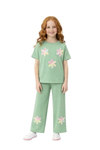 ERDEM KIDS Κοριτσίστικο κοντομάνικο σετ από ύφασμα με στριφτό σχέδιο και λουλ...