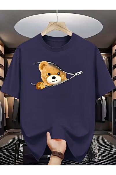 JENOLAN Women's Pocket Zipper Bear Printed Oversize T-Shirt