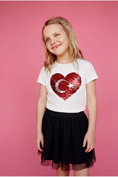 Magu Girl's Cotton White Crescent Star Sequin Heart Detailed T-Shirt Skirt Se...