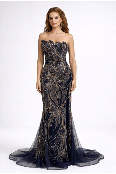 ALİN BONCUK VE TAŞ KASNAK İŞLEMELİ STRAPLEZ YIRTMAÇLI UZUN ŞIK ABİYE ELBİSE