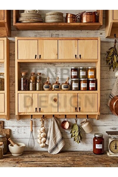 Zenba Design Büyük Boy Ahşap Terek Çift Raflı Bardak Rafı Baharatlık