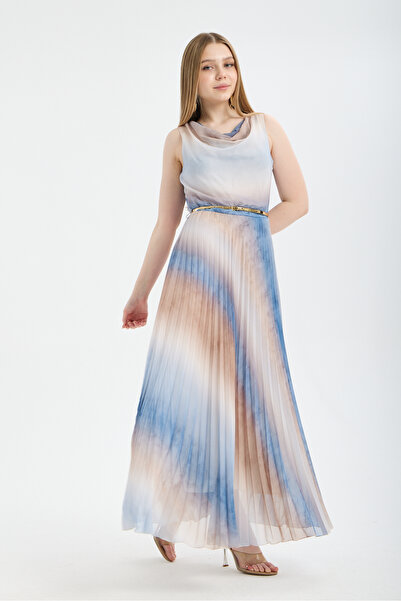 ŞEYDA ERTEM Blue and Brown Color Brushed Patterned Pleated Dress