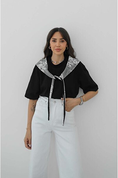 Havoş Black T-Shirt with Lace-Up Scarf
