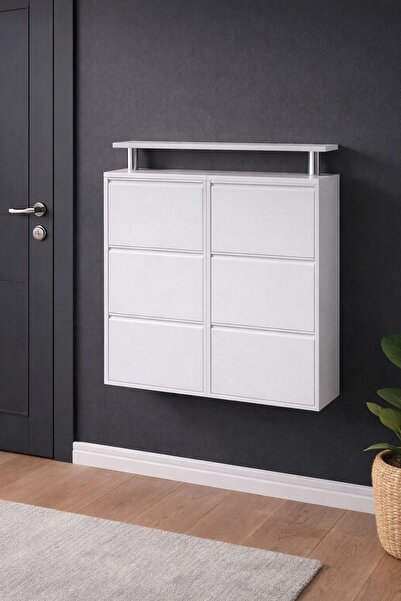 KARLI 3+3 BEYAZ YATAY METAL AYAKKABILIK ÜST AHŞAP TABLALI