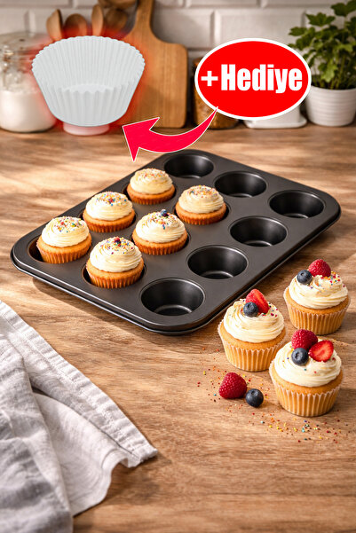 Neskuk Muffin Mold 12-Piece Non-Stick Cupcake Cake Mold Black Baking Tray
