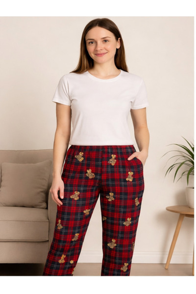 MİSS ADELLA Women's Bear Patterned Checkered Striped 4 Season Nightgown Relax...