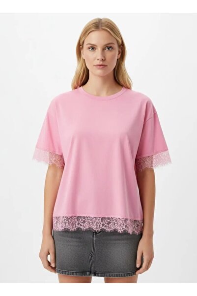 Park Karon 26006 100% Cotton Crew Neck Lace Detail Loose Combed Cotton Blouse