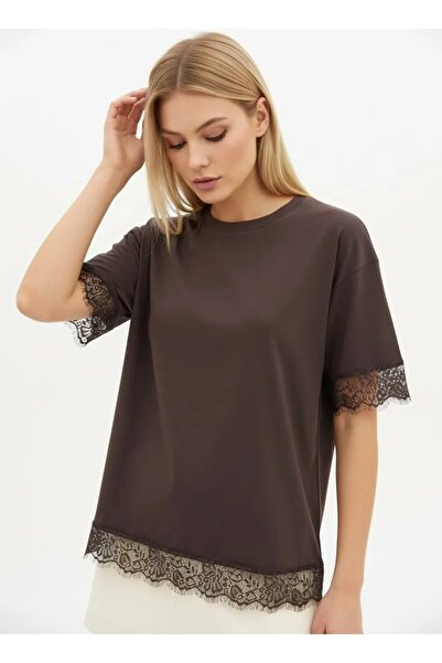 Park Karon 26006 100% Cotton Crew Neck Lace Detail Loose Combed Cotton Blouse