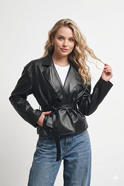 BELİZMOD PB Jachetă de piele pentru femei, neagră, cu nasturi, cu cordon dublu.