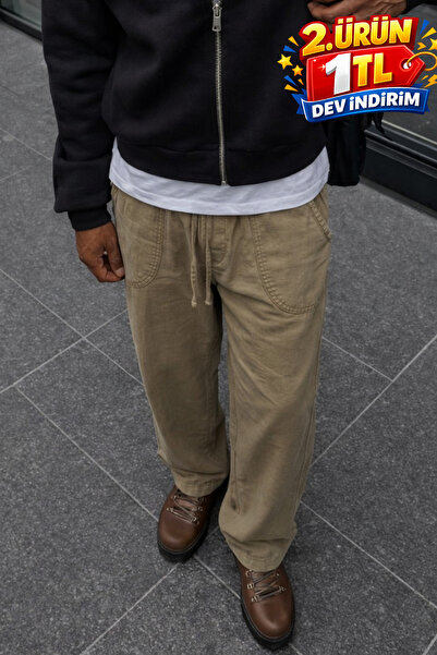 DAMGA JEANS Men's Summer Regular Loose-Legged Beige Linen Trousers