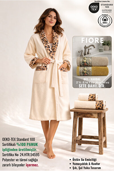 Ellaline 3 Piece Leopard Patterned Women's Bathrobe Set 100% Certified Cotton...
