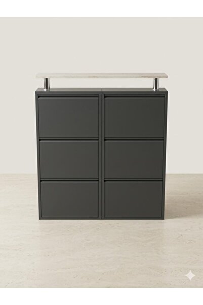 Arinna 3+3 ANTRASİT YATAY METAL AYAKKABILIK ÜST AHŞAP TABLALI