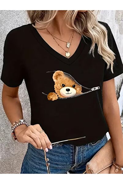 WOODROFFE Women's V-Neck Pocket Zipper Bear Printed T-Shirt Oversize Loose