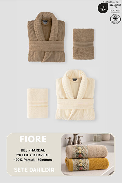 Ellaline طقم رداء حمام عائلي مخطط من 4 قطع 100% قطن معتمد + فوَر 2 منشفة بيج ...