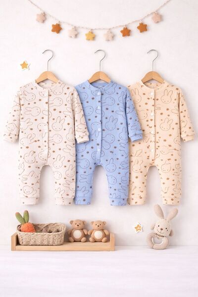 Roza Erkek Bebek Baskili Pamuklu Mansetli 3lü Tulum Renkli Desenli 3 6 9 Ay y...