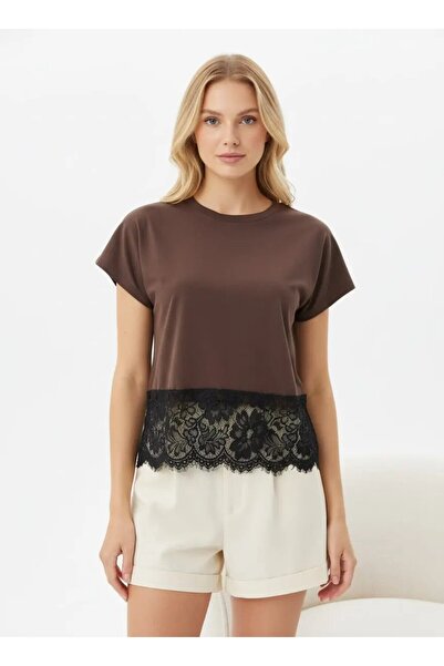 Park Karon 26018 100% Cotton Crew Neck Lace Detail Combed Cotton Blouse 26018