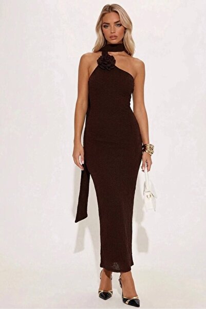 LOKADI Rose Detailed One-Shoulder Brown Textured Long Evening Dress - Halter ...
