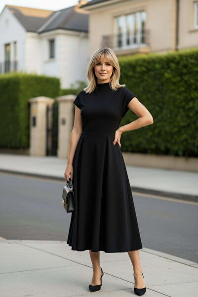Mossta Crepe Fabric Midi Dress Suitable for Daily and Special Occasions - Black