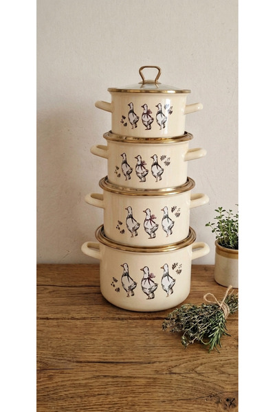 Avşar Emaye Evi̇m 18-20-22-24 cm 1750-2500-3250-4000 ml Duck Gold Detail Enam...