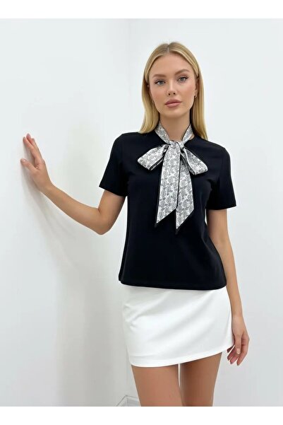 Park Karon 26017 100% Cotton Women's Crew Neck Scarf Detail Combed Cotton Blouse