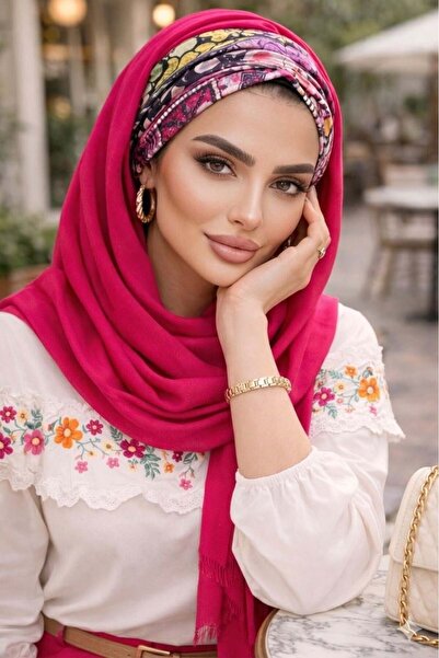 Aişe tesettür شال جاهز بتصميم ريترو بلون الفوشيا مع أربطة