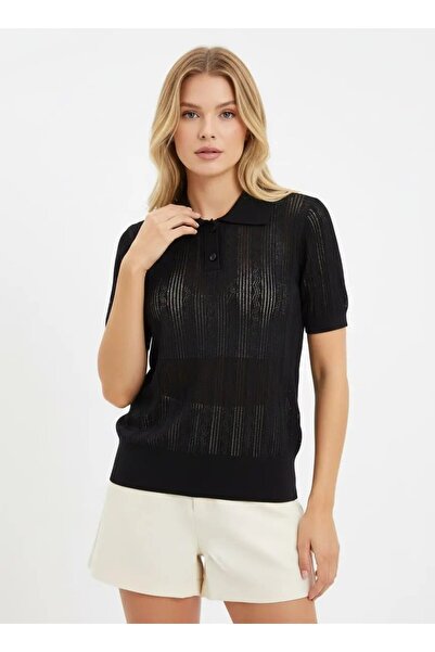 Park Karon Women's Polo Collar Button Detail Openwork Rayon Yarn Knitwear Swe...