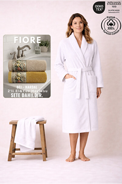 Ellaline 2 Piece Women's Shawl Bathrobe Set 100% Cotton Certified + Gift Fior...