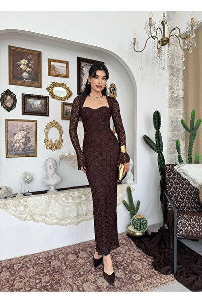 maf collection Women's Brown Lace Detail Spanish Sleeve Long Length Evening D...