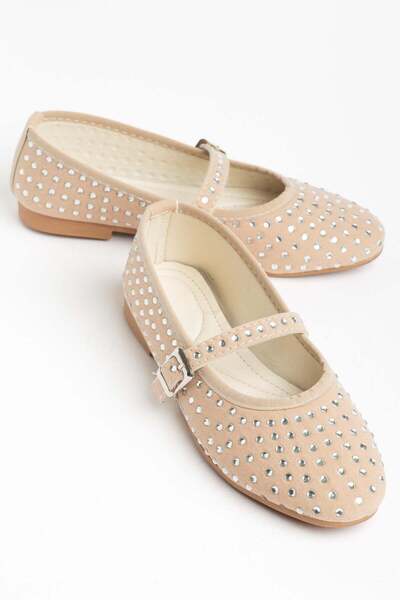 Dilimler Ayakkabı Women's Babet Beige Suede Stone-Embellished Baretli