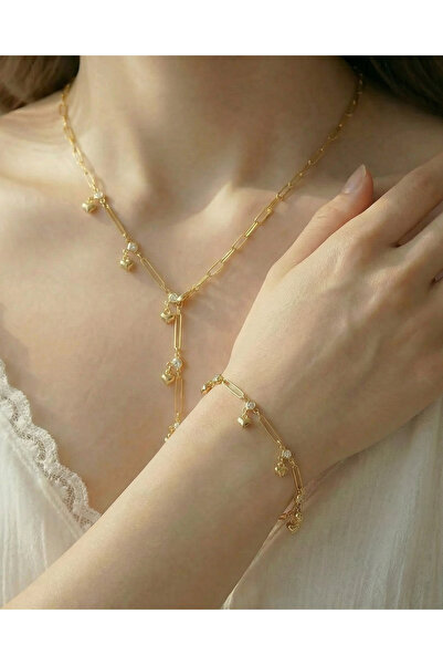 Gleemy accesories Gold renk Kalp Detaylı Zirkon Taşlı Y Kolye & Bileklik Set