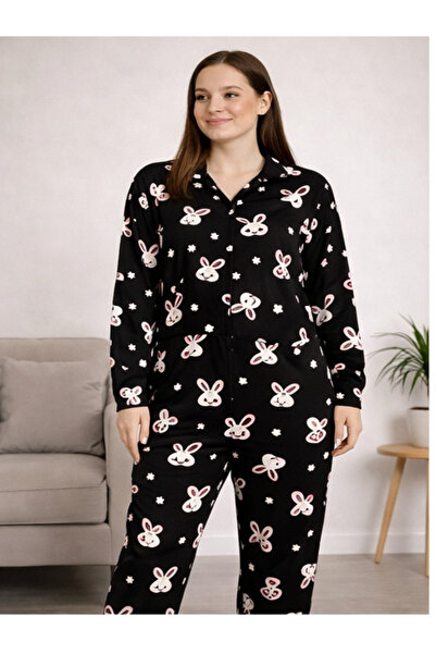 MİSS ADELLA Women's Buttoned High Collar Pajama Set Rabbit Patterned Black Co...