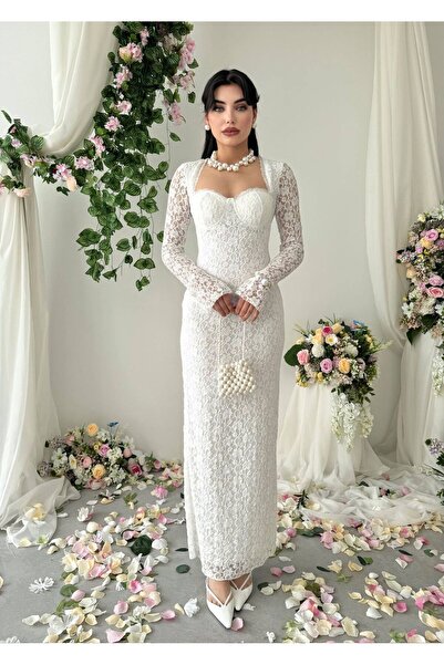 maf collection Women's White Lace Detail Spanish Sleeve Long Length Evening D...