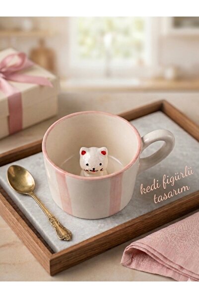 lotus seramik Kedi Figürlü El Yapımı Seramik Kupa Pembe