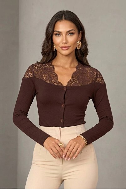 Cockatoo Lace Detailed V-Neck Buttoned Long Sleeve Women's Blouse Cardigan St...