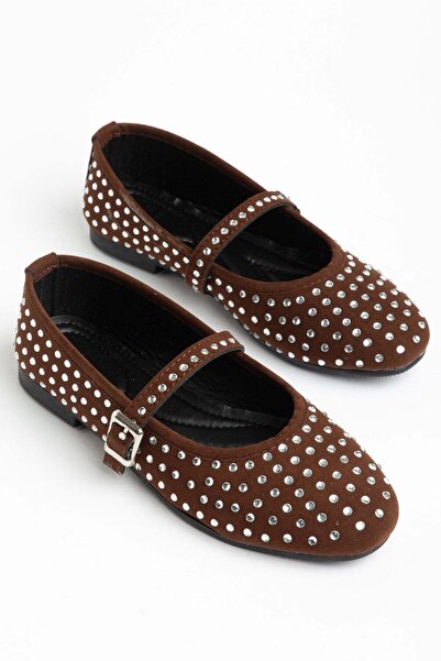 Dilimler Ayakkabı Women's Ballet Flats in Brown Suede with Stone Embellishments