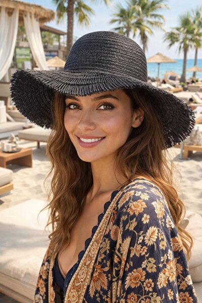 FELLMENS Μαύρο στρογγυλό φαρδύ ψάθινο γυναικείο καπέλο με κρόσσια