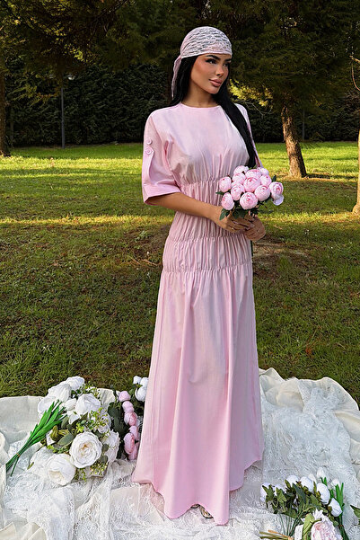 Eyyo Pink Volant Crew Neck Long Dress with Drawstring Detail Ate-3422