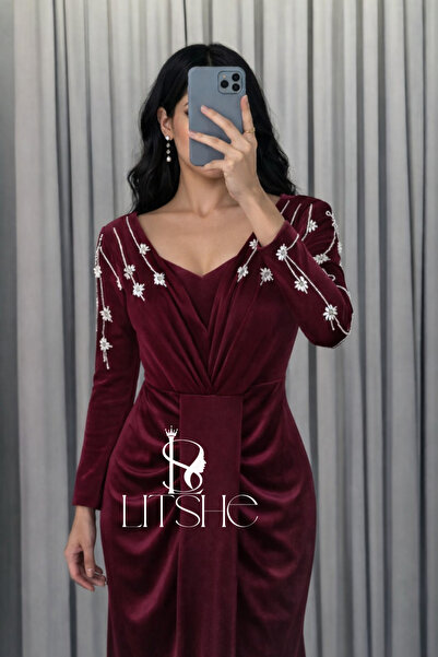 LITSHE Elegant Embroidered Burgundy Velvet Dress