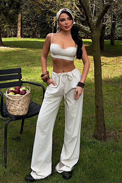 Eyyo Cream Sahlobo Strappy Bustier with Tie Detail Linen Set Ate-4769