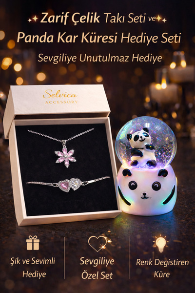 Selvica Işıklı Panda Kar Küresi Lotus Kolye Ve Kalp Bileklik Seti Hediyesi Kı...