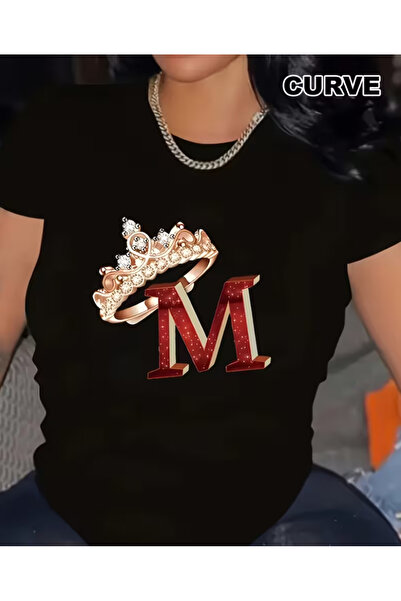 LİNA06 Plus Size T-Shirt with M Letter And Crown Graphic Print, Short Sleeve ...