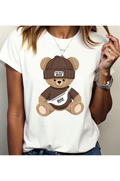LİNA06 T-Shirt with a Bear Print - Soft, Breathable, And Comfortable Short-Sl...