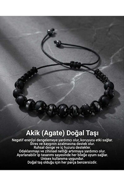 UygunGümüşçülük Agate Natural Stone Bracelet Unisex Drawstring Adjustable Han...