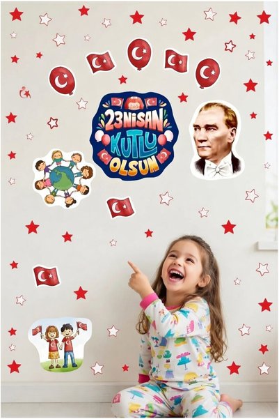 Kt Grup 23 Nisan Çocuk Bayramı Atatürk Cam Duvar Süsleme 100 Parça Okul Anaokulu Stickerları Etiket Seti