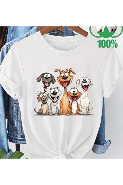 LİNA06 Cartoon-style Dog Pattern Print 100% Crew Neck Skin-friendly Breathabl...