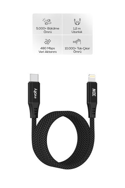 Volty Type-C to Lightning iPhone Şarj Kablosu | 30W PD Hızlı Şarj, 480Mbps, 1...