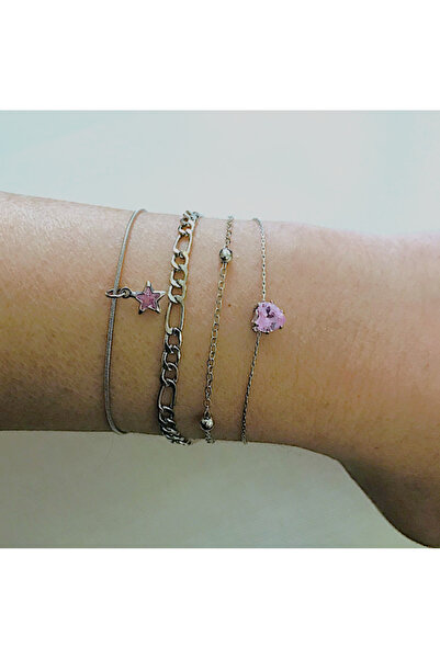 Mercan Aksesuar Pink Heart and Star Women's Silver Color 4-Piece Combination ...
