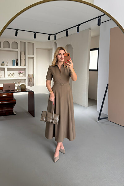 Sezgi Tekin Belted Zipper Detail Khaki Bell Dress