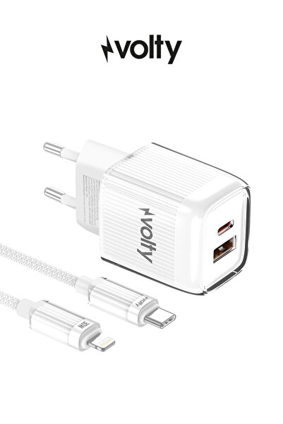 Volty Hızlı Şarj Adaptörü 35W GaN + Lightning Kablo 30W PD | USB-C&USB-A, Tab...